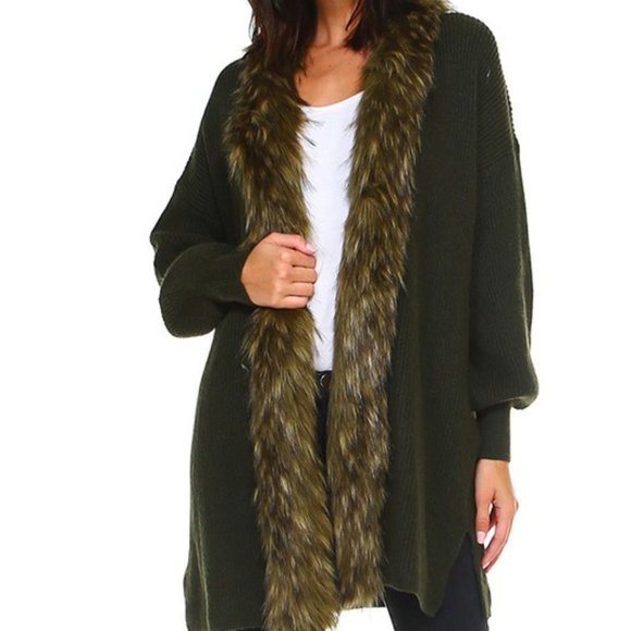 Fashion Capsule Sweaters - Olive  Faux Fur Collar Long Sleeve Cardigan